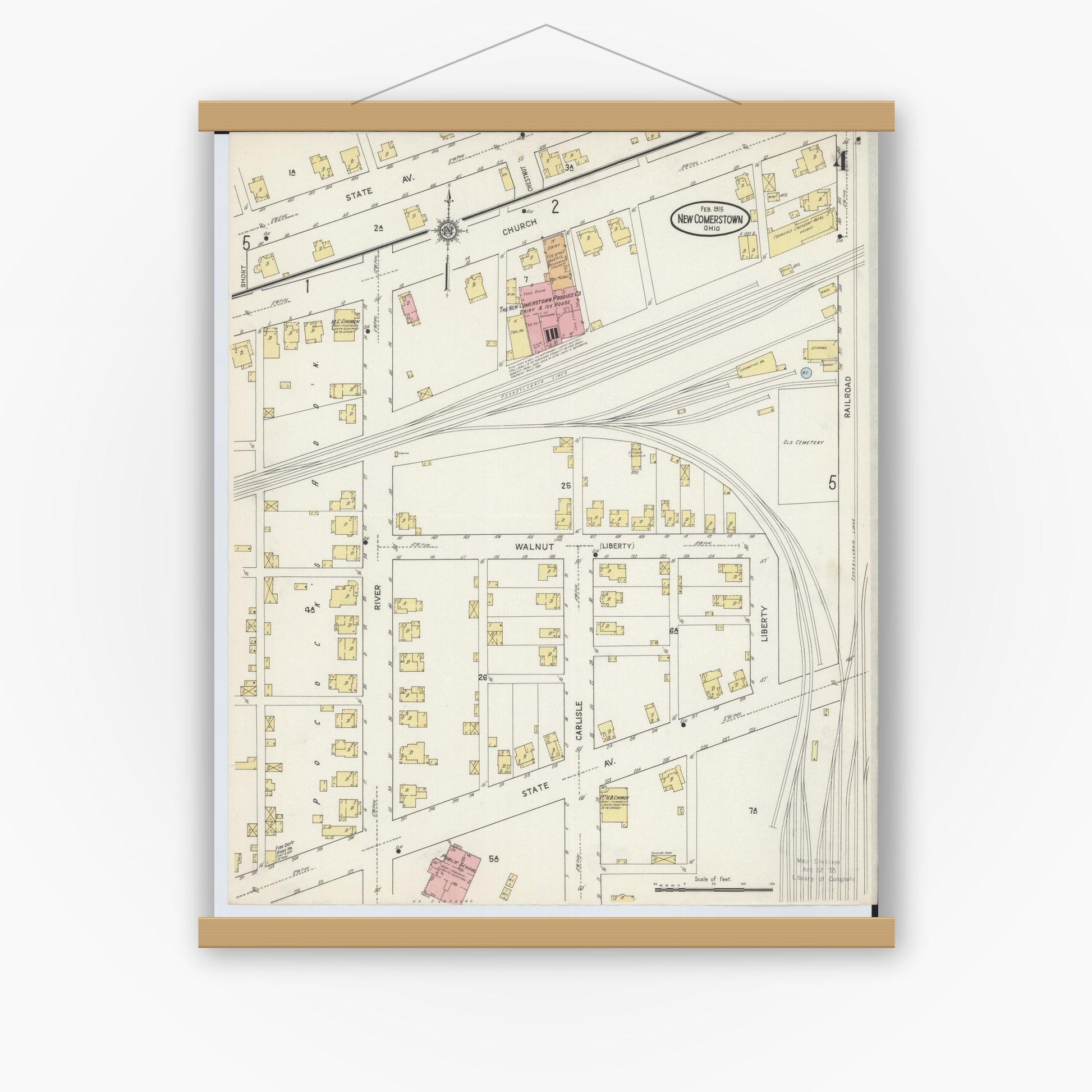 Old map wall art mockup — magnetic wood frame on white wall — Sanborn Fire Insurance Map from Newcomerstown, Tuscarawas County, Ohio (1915), Sheet #0004