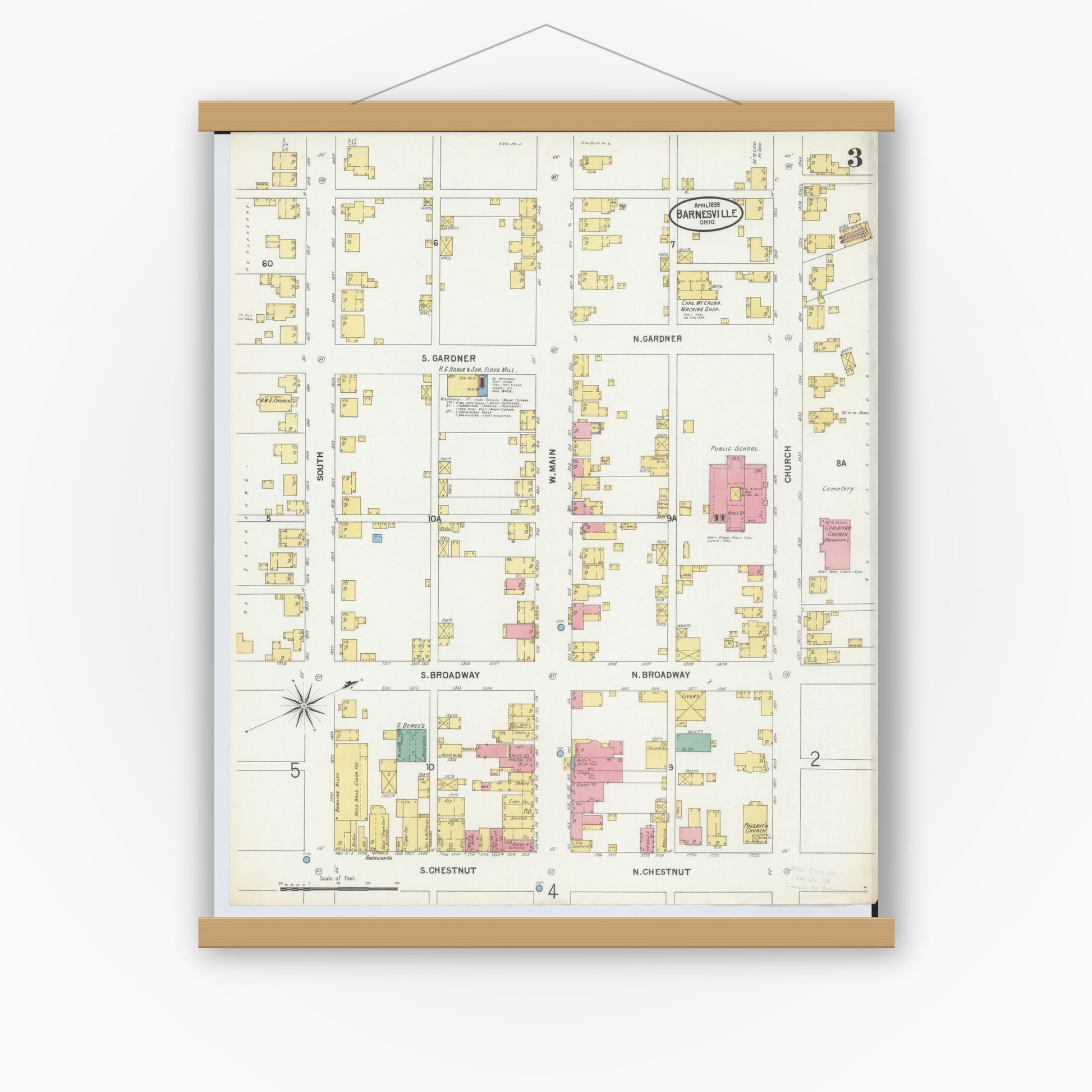 Old map wall art mockup — magnetic wood frame on white wall — Sanborn Fire Insurance Map from Barnesville, Belmont County, Ohio (1899), Sheet #0003