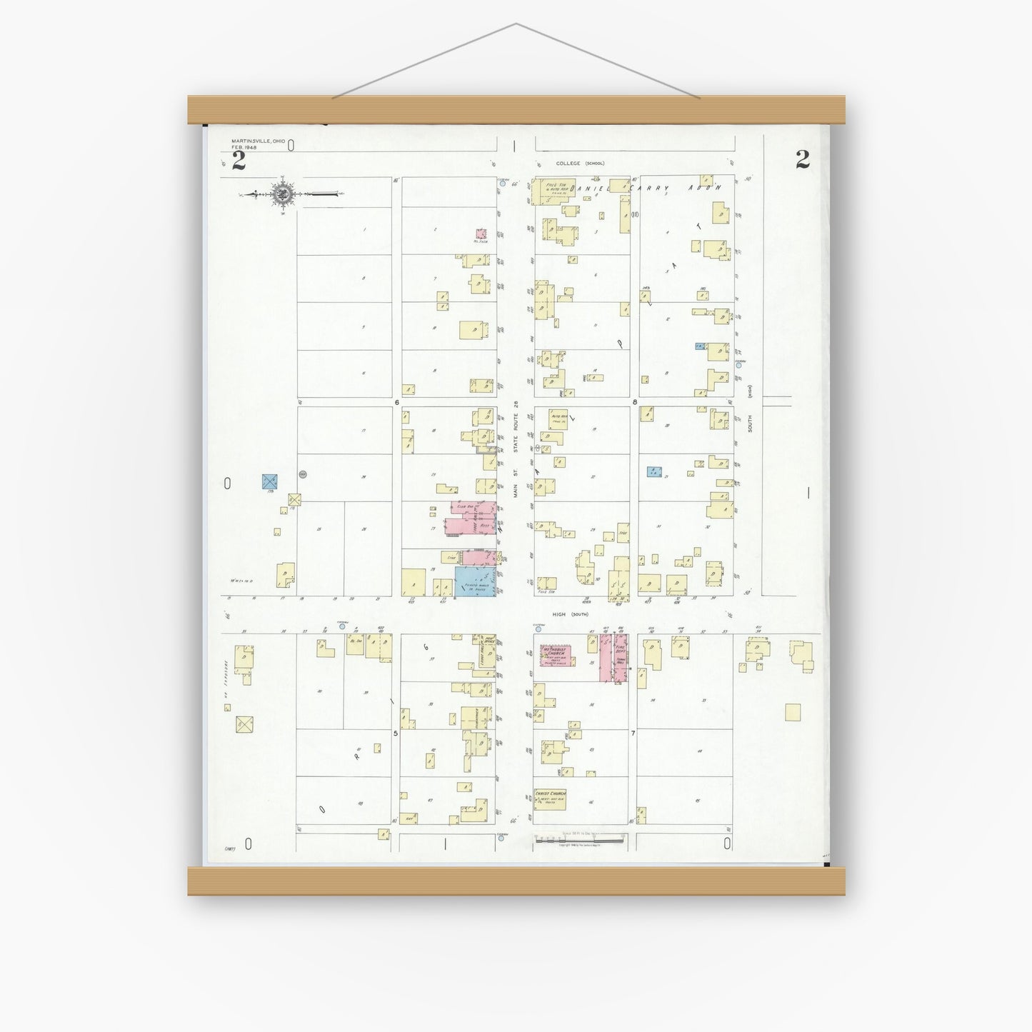 Old map wall art mockup — magnetic wood frame on white wall — Sanborn Fire Insurance Map from Martinsville, Clinton County, Ohio (1948), Sheet #0002