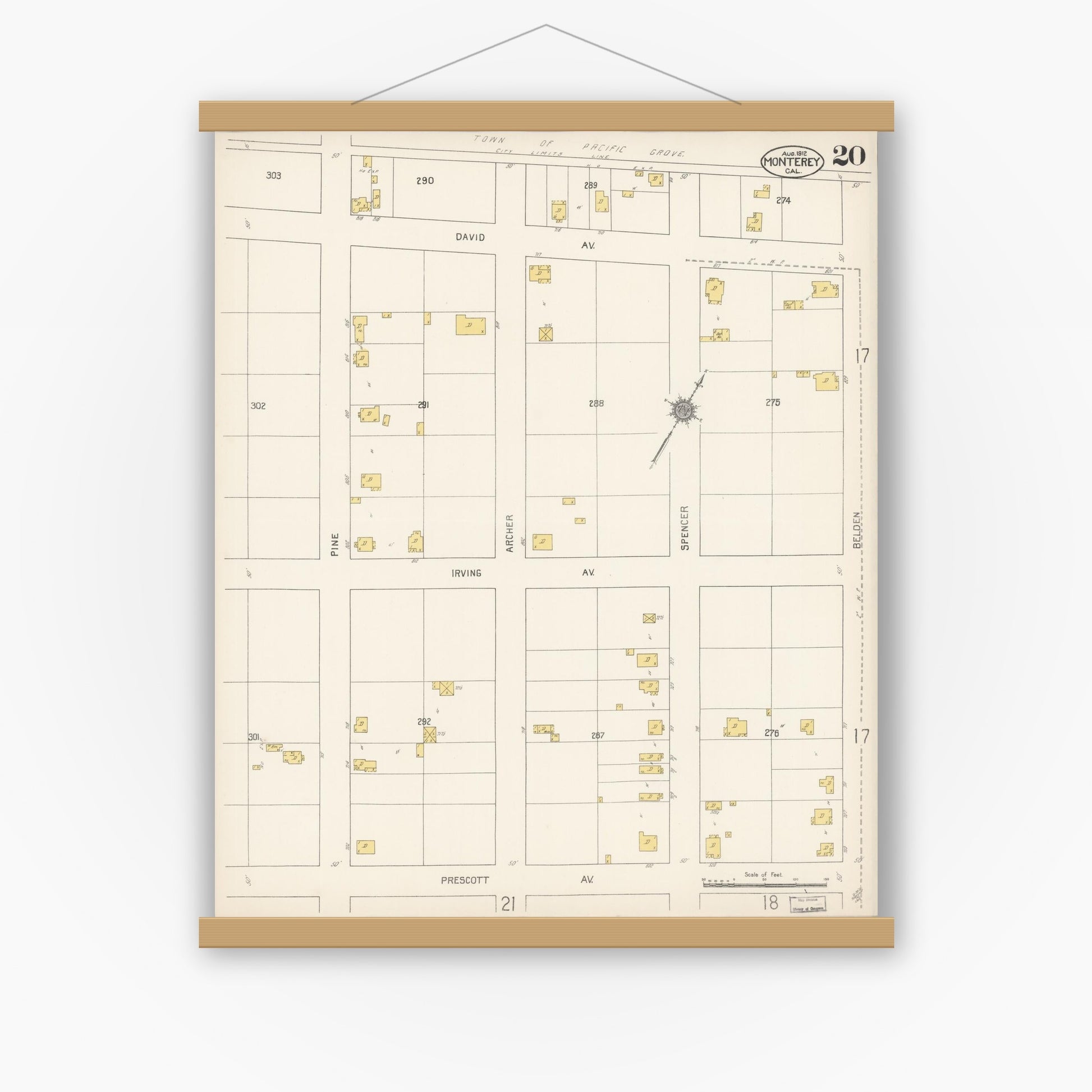 Old map wall art mockup — magnetic wood frame on white wall — Sanborn Fire Insurance Map from Monterey, Monterey County, California (1912), Sheet #0020