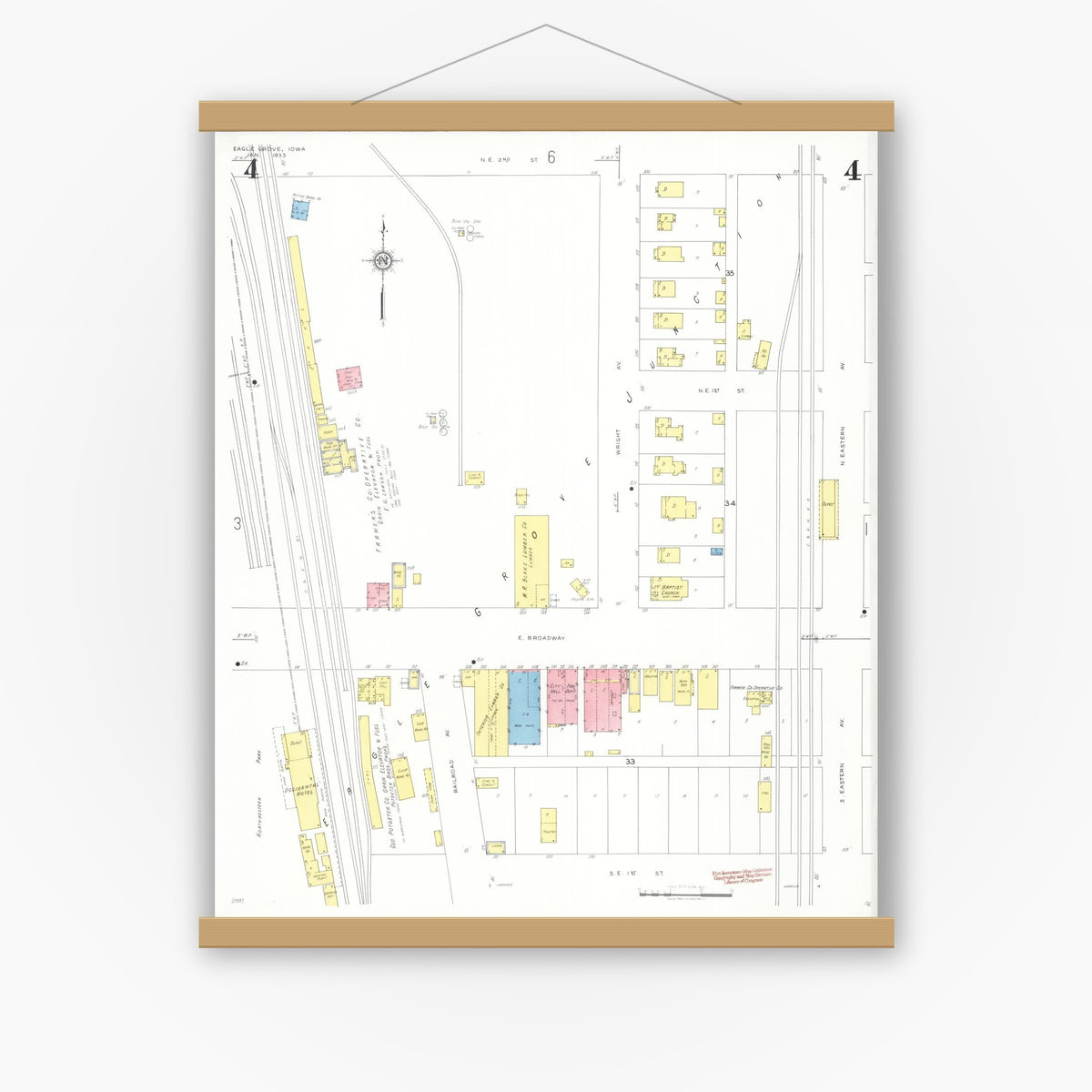 Old map wall art mockup — magnetic wood frame on white wall — Sanborn Fire Insurance Map from Eagle Grove, Wright County, Iowa (1933), Sheet #0004