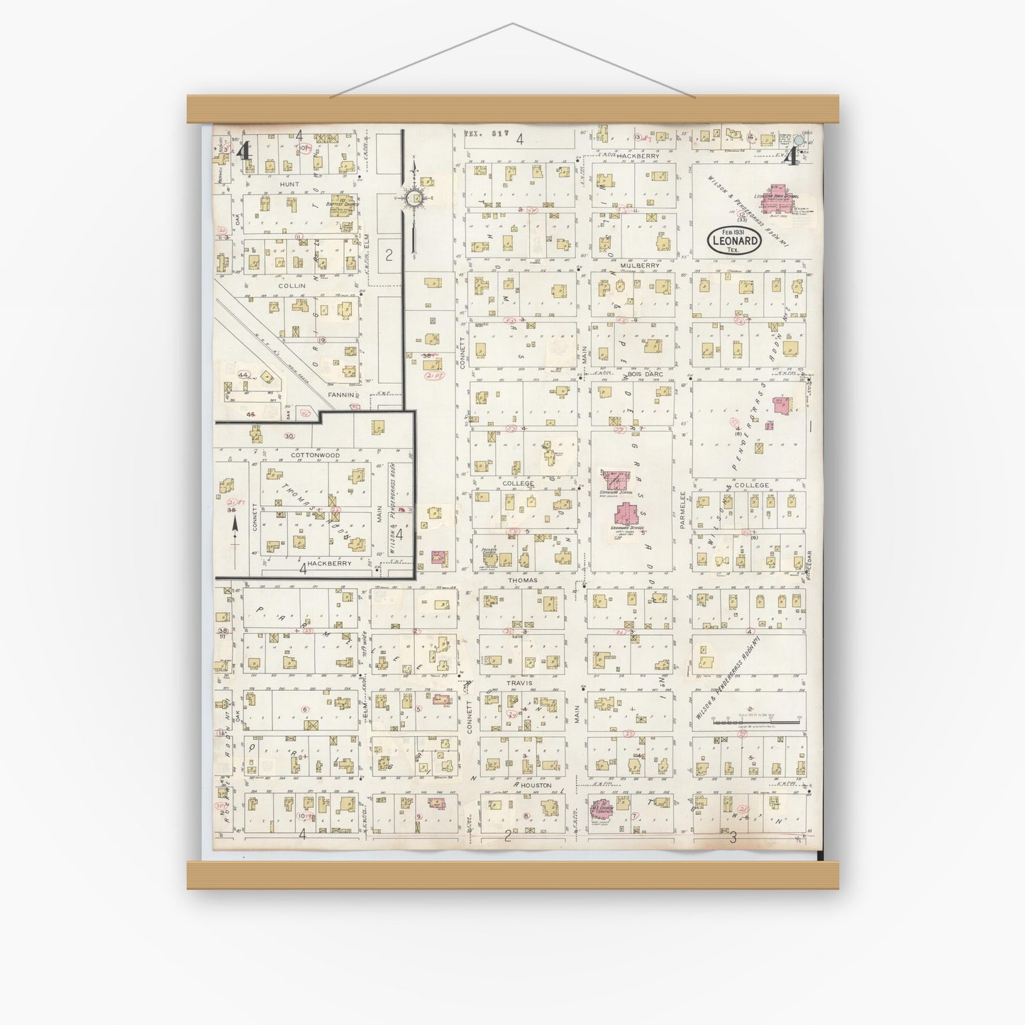 Old map wall art mockup — magnetic wood frame on white wall — Sanborn Fire Insurance Map from Leonard, Fannin County, Texas (1945), Sheet #0004