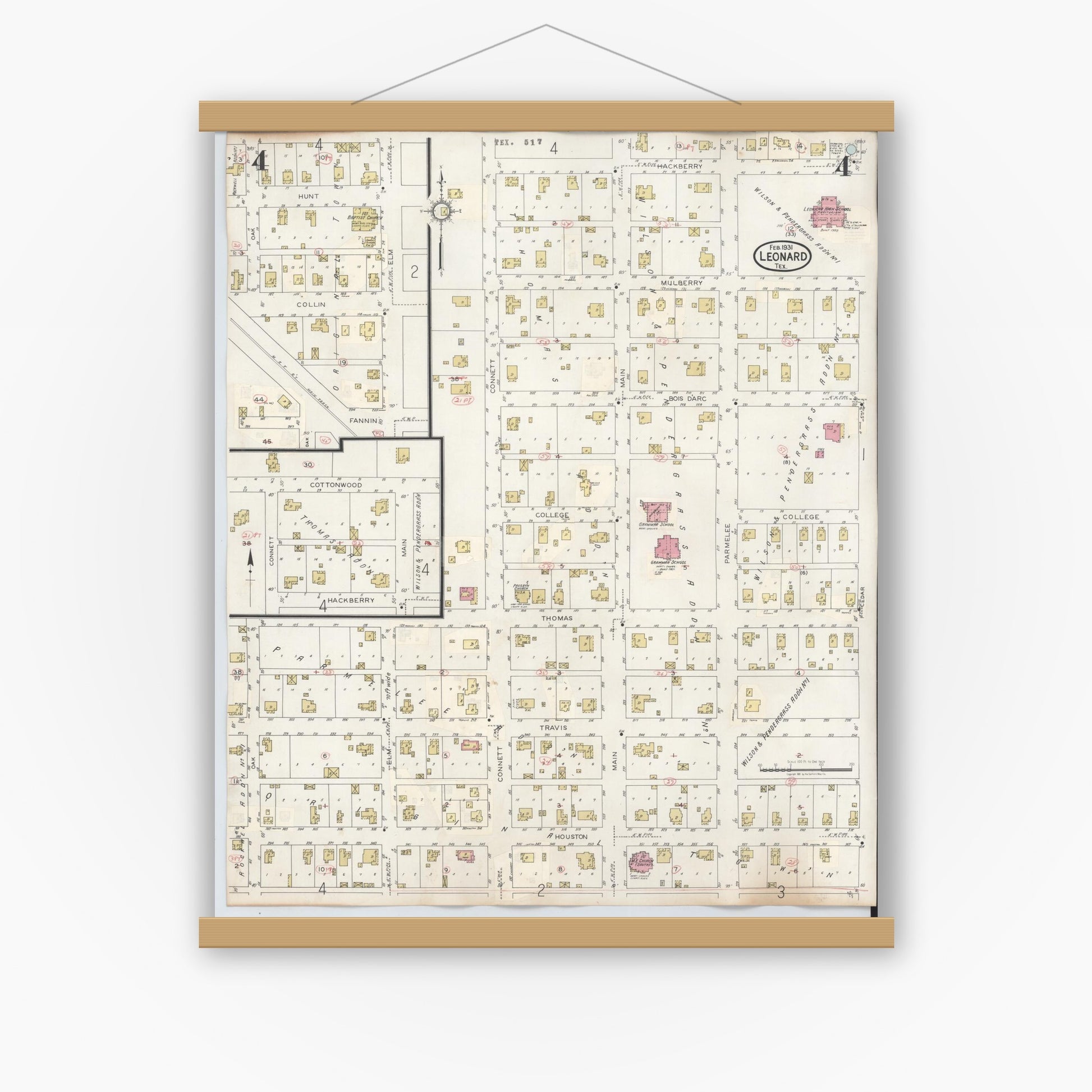 Old map wall art mockup — magnetic wood frame on white wall — Sanborn Fire Insurance Map from Leonard, Fannin County, Texas (1945), Sheet #0004