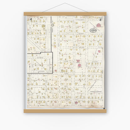 Old map wall art mockup — magnetic wood frame on white wall — Sanborn Fire Insurance Map from Leonard, Fannin County, Texas (1945), Sheet #0004