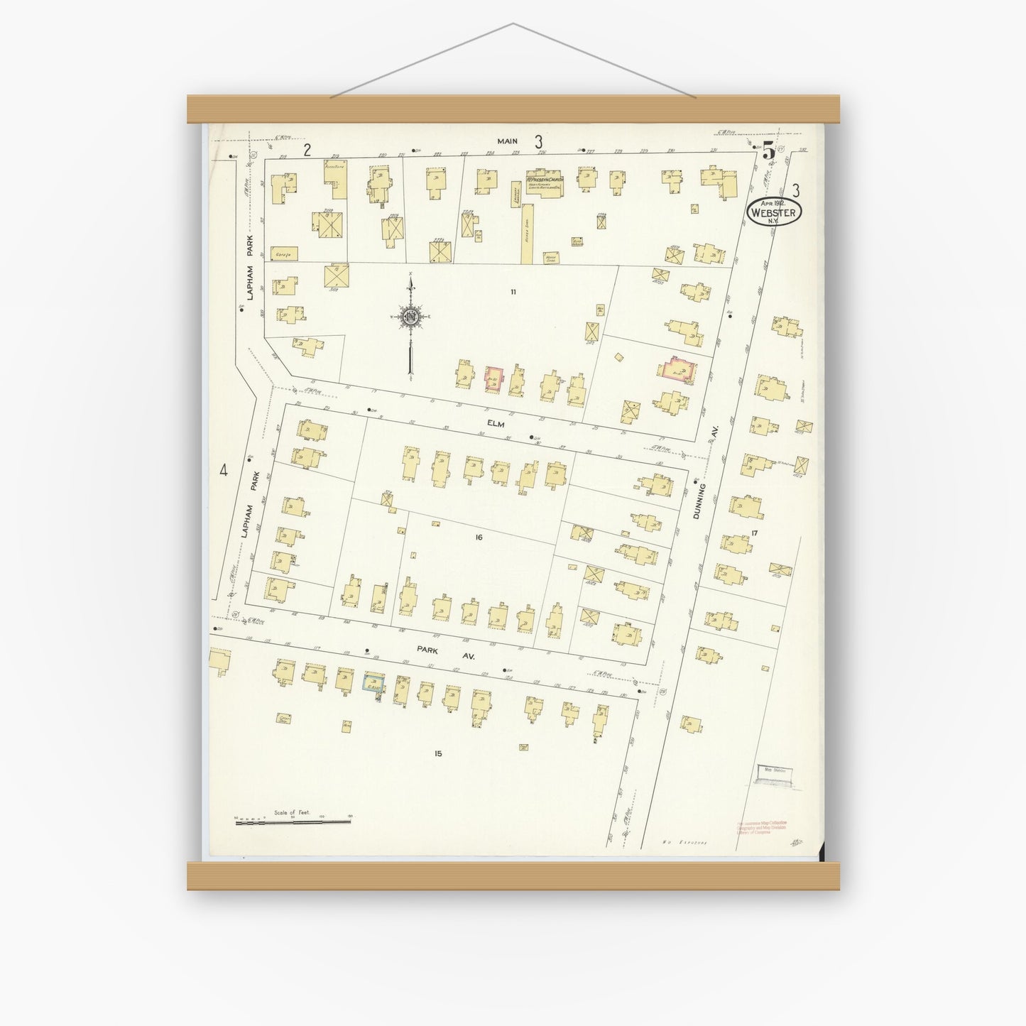 Old map wall art mockup — magnetic wood frame on white wall — Sanborn Fire Insurance Map from Webster, Monroe County, New York (1912), Sheet #0005