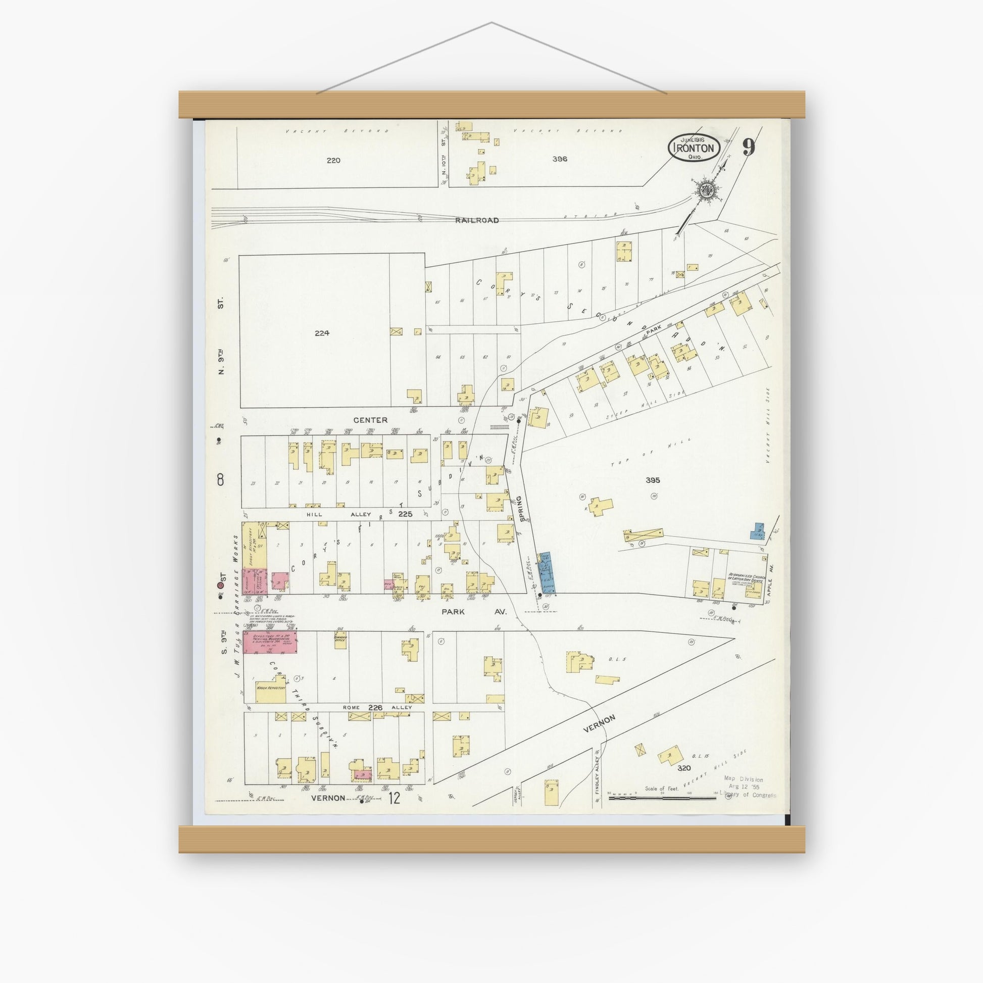 Old map wall art mockup — magnetic wood frame on white wall — Sanborn Fire Insurance Map from Ironton, Lawrence County, Ohio (1916), Sheet #0009