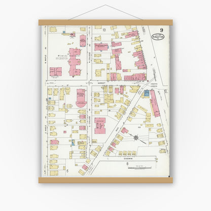 Old map wall art mockup — magnetic wood frame on white wall — Sanborn Fire Insurance Map from Kingston, Luzerne County, Pennsylvania (1919), Sheet #0009