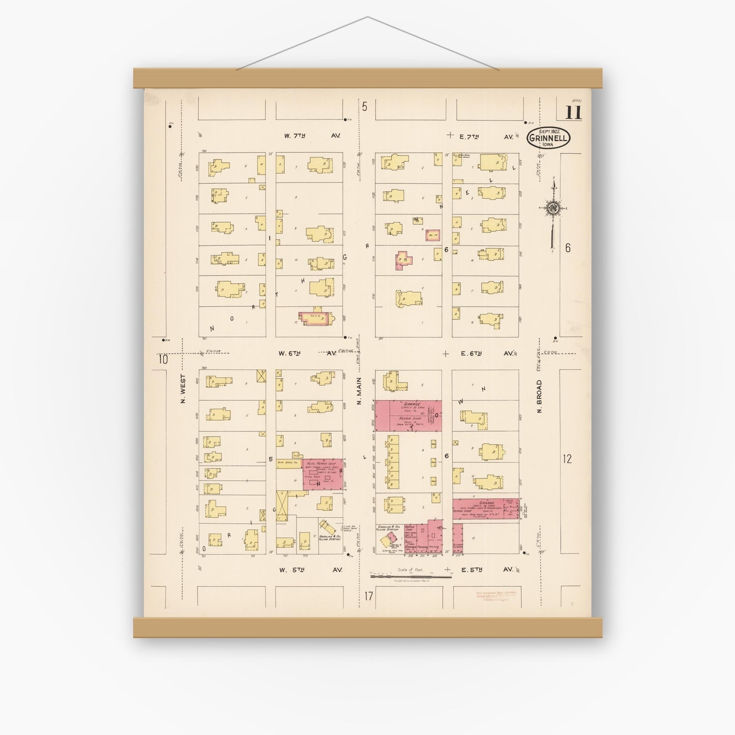 Old map wall art mockup — magnetic wood frame on white wall — Sanborn Fire Insurance Map from Grinnell, Poweshiek County, Iowa (1922), Sheet #0011