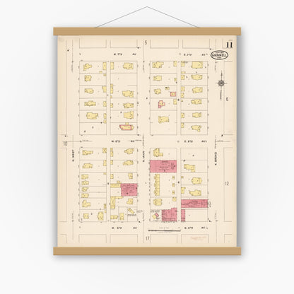 Old map wall art mockup — magnetic wood frame on white wall — Sanborn Fire Insurance Map from Grinnell, Poweshiek County, Iowa (1922), Sheet #0011