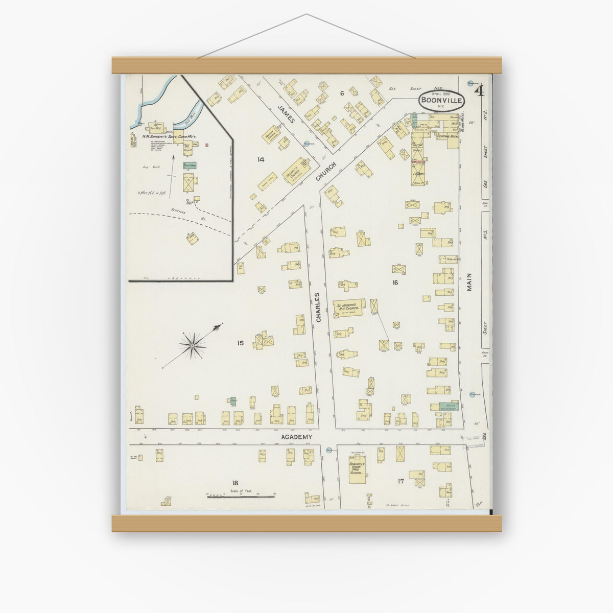 Old map wall art mockup — magnetic wood frame on white wall — Sanborn Fire Insurance Map from Boonville, Oneida County, New York (1890), Sheet #0004