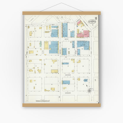 Old map wall art mockup — magnetic wood frame on white wall — Sanborn Fire Insurance Map from Brownwood, Brown County, Texas (1898), Sheet #0002
