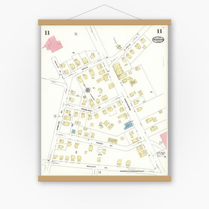 Old map wall art mockup — magnetic wood frame on white wall — Sanborn Fire Insurance Map from Norwood, Norfolk County, Massachusetts (1923), Sheet #0011