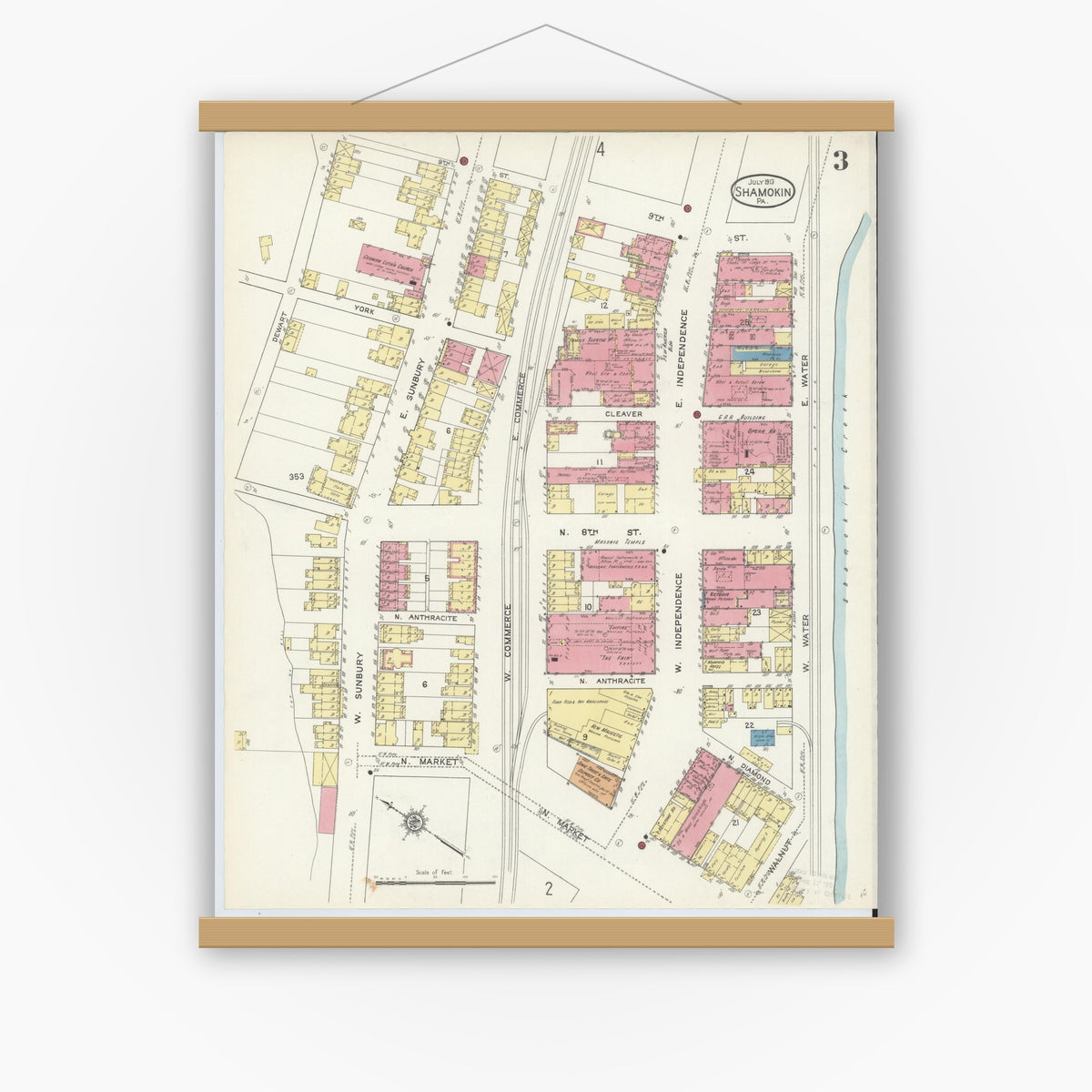 Old map wall art mockup — magnetic wood frame on white wall — Sanborn Fire Insurance Map from Shamokin, Northumberland County, Pennsylvania (1913), Sheet #0003