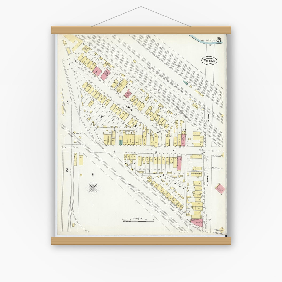 Old map wall art mockup — magnetic wood frame on white wall — Sanborn Fire Insurance Map from Whiting, Lake County, Indiana (1907), Sheet #0005