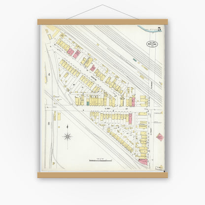 Old map wall art mockup — magnetic wood frame on white wall — Sanborn Fire Insurance Map from Whiting, Lake County, Indiana (1907), Sheet #0005