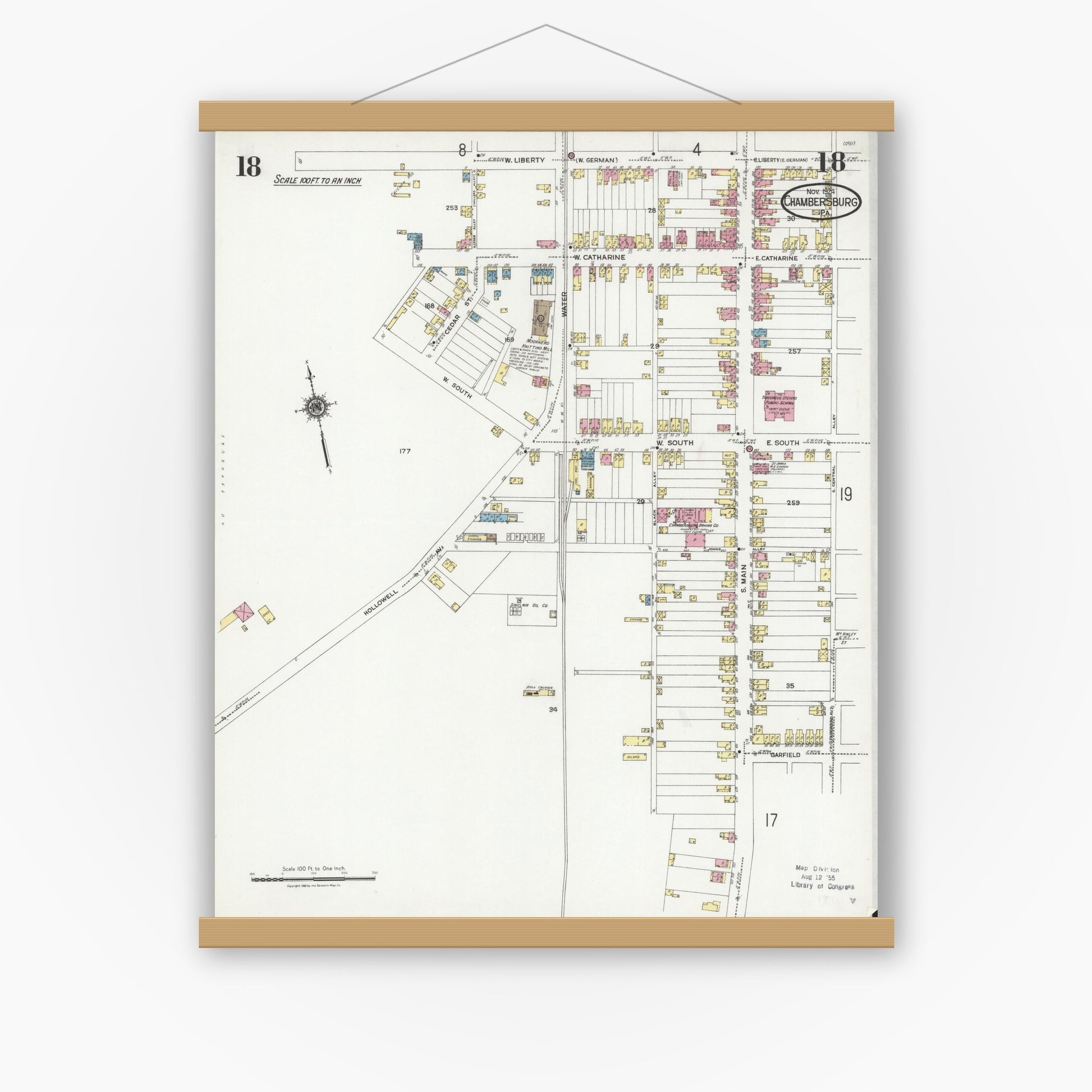 Old map wall art mockup — magnetic wood frame on white wall — Sanborn Fire Insurance Map from Chambersburg, Franklin County, Pennsylvania (1924), Sheet #0018