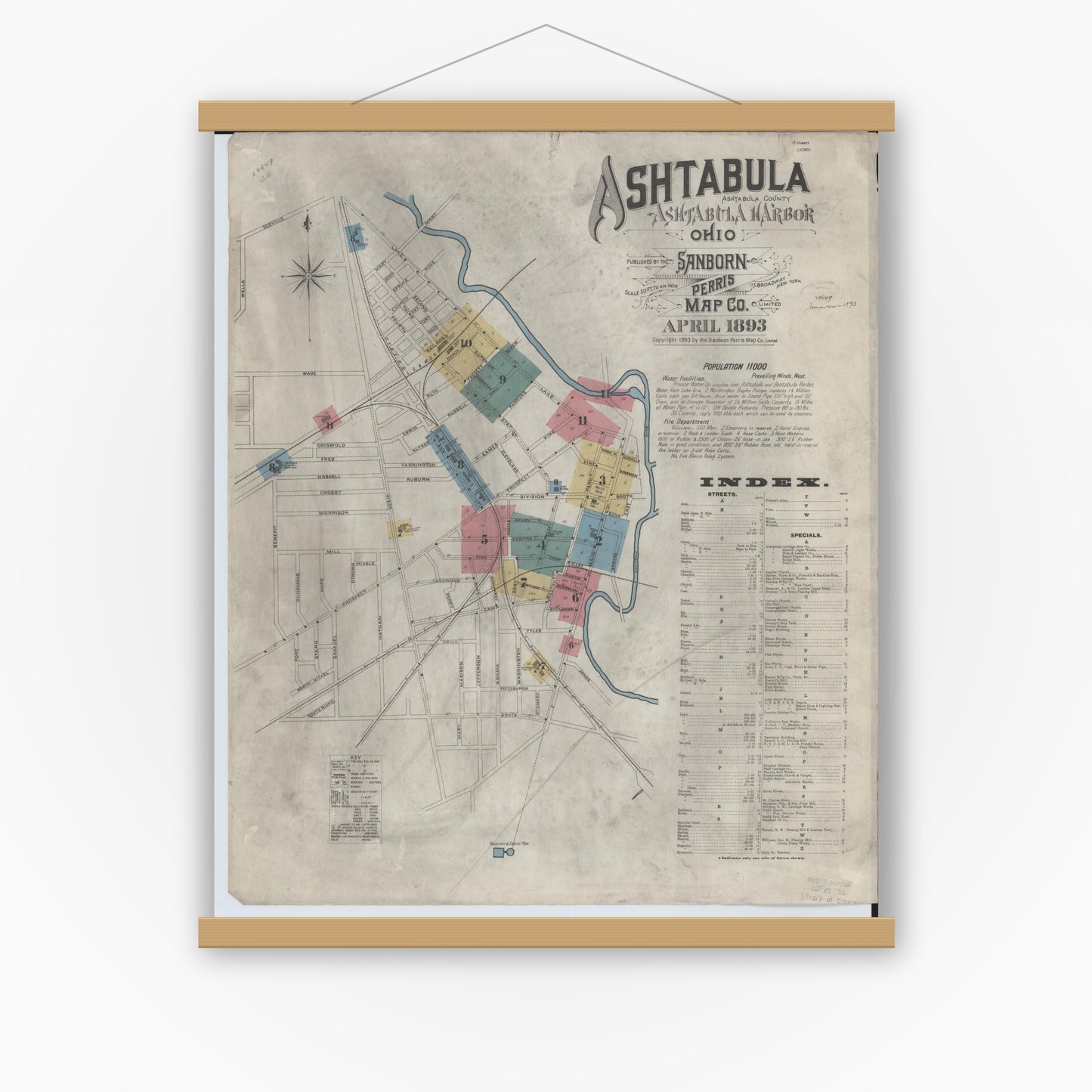 Old map wall art mockup — magnetic wood frame on white wall — Sanborn Fire Insurance Map from Ashtabula, Ashtabula County, Ohio (1893) - Complete Map Set
