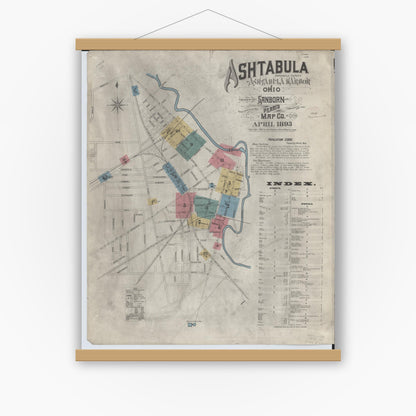 Old map wall art mockup — magnetic wood frame on white wall — Sanborn Fire Insurance Map from Ashtabula, Ashtabula County, Ohio (1893) - Complete Map Set