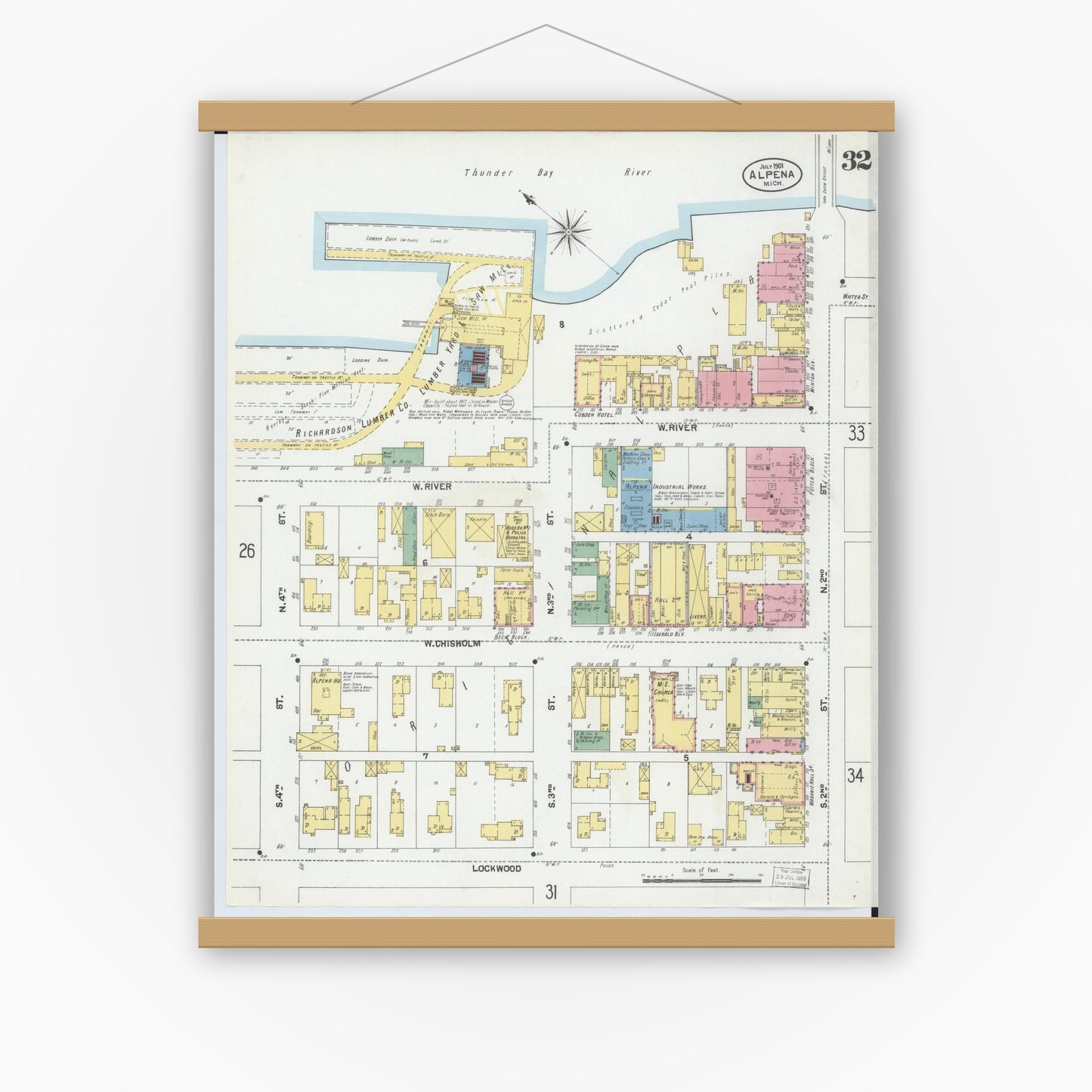 Old map wall art mockup — magnetic wood frame on white wall — Sanborn Fire Insurance Map from Alpena, Alpena County, Michigan (1901), Sheet #0032