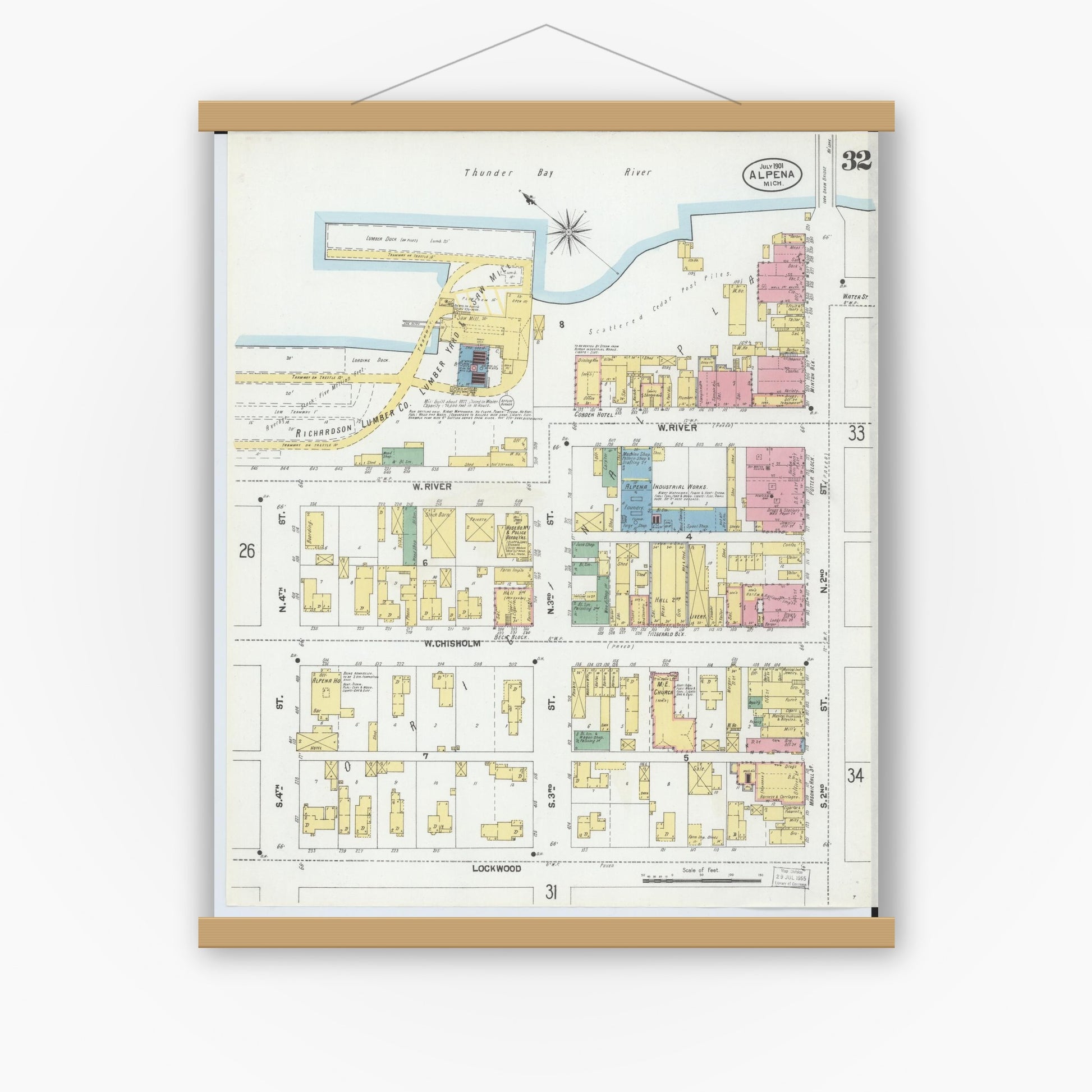Old map wall art mockup — magnetic wood frame on white wall — Sanborn Fire Insurance Map from Alpena, Alpena County, Michigan (1901), Sheet #0032