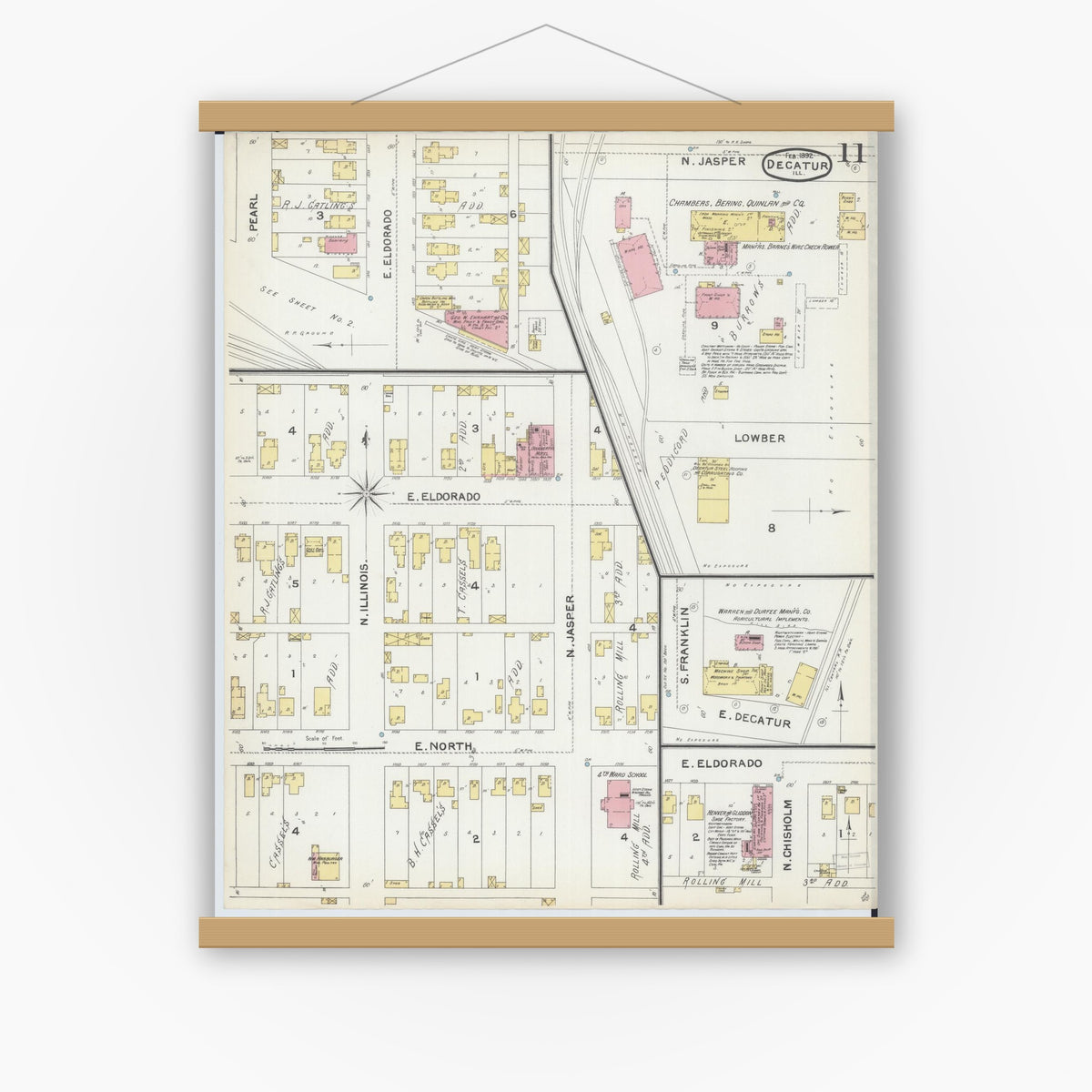 Old map wall art mockup — magnetic wood frame on white wall — Sanborn Fire Insurance Map from Decatur, Macon County, Illinois (1892), Sheet #0011