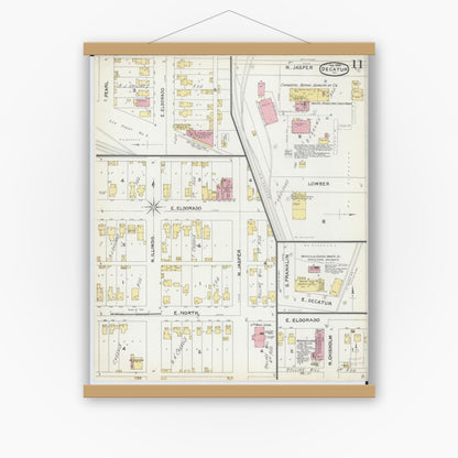 Old map wall art mockup — magnetic wood frame on white wall — Sanborn Fire Insurance Map from Decatur, Macon County, Illinois (1892), Sheet #0011