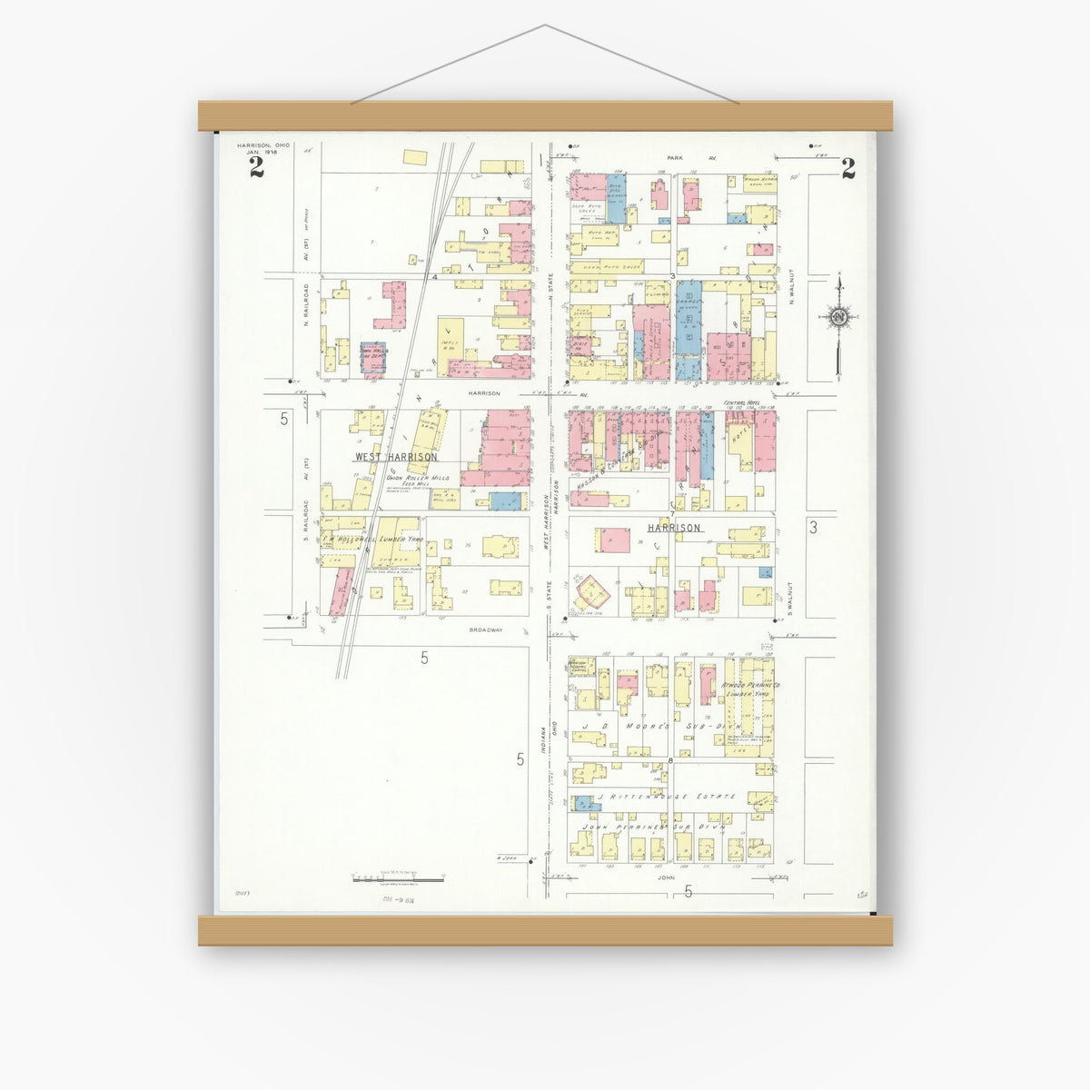 Old map wall art mockup — magnetic wood frame on white wall — Sanborn Fire Insurance Map from Harrison, Hamilton County, Ohio (1938), Sheet #0002
