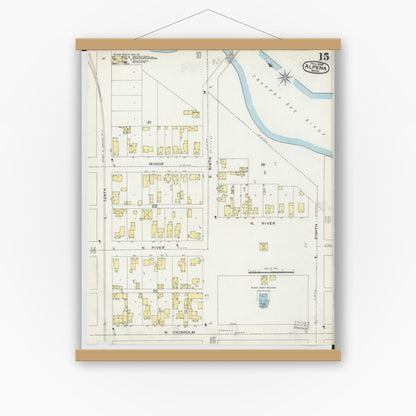 Old map wall art mockup — magnetic wood frame on white wall — Sanborn Fire Insurance Map from Alpena, Alpena County, Michigan (1895), Sheet #0015