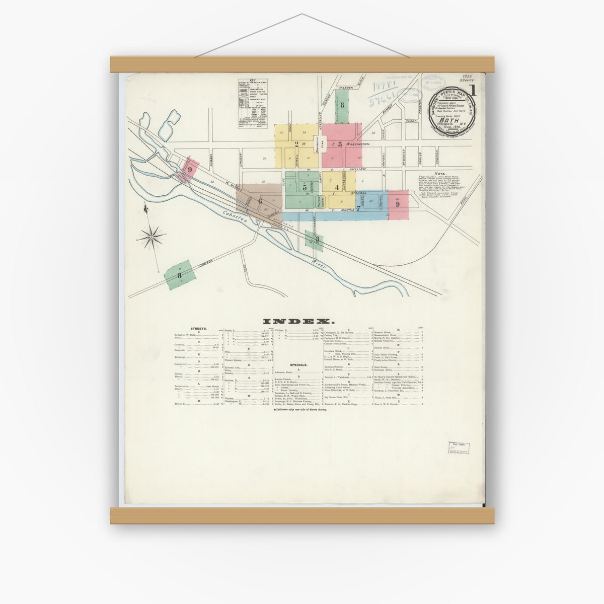 Old map wall art mockup — magnetic wood frame on white wall — Sanborn Fire Insurance Map from Bath, Steuben County, New York (1898) - Complete Map Set