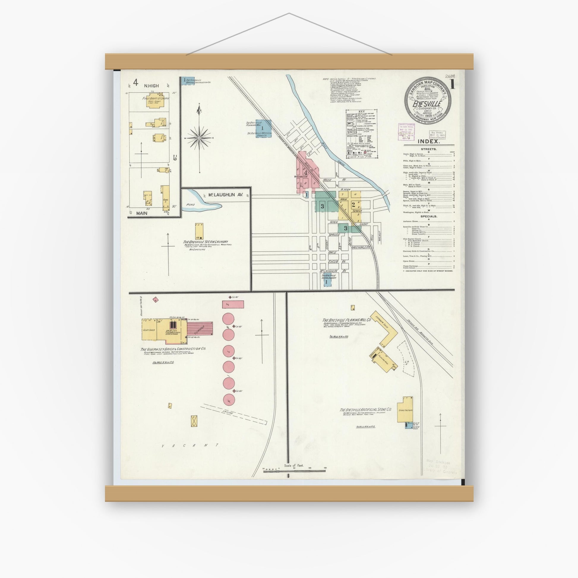 Old map wall art mockup — magnetic wood frame on white wall — Sanborn Fire Insurance Map from Byesville, Guernsey County, Ohio (1905) - Complete Map Set
