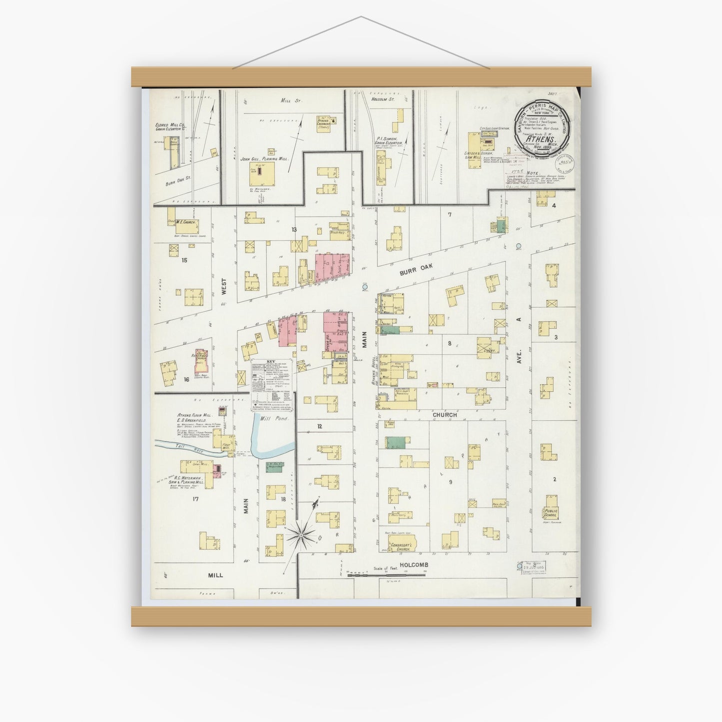Old map wall art mockup — magnetic wood frame on white wall — Sanborn Fire Insurance Map from Athens, Calhoun County, Michigan (1899), Sheet #0001