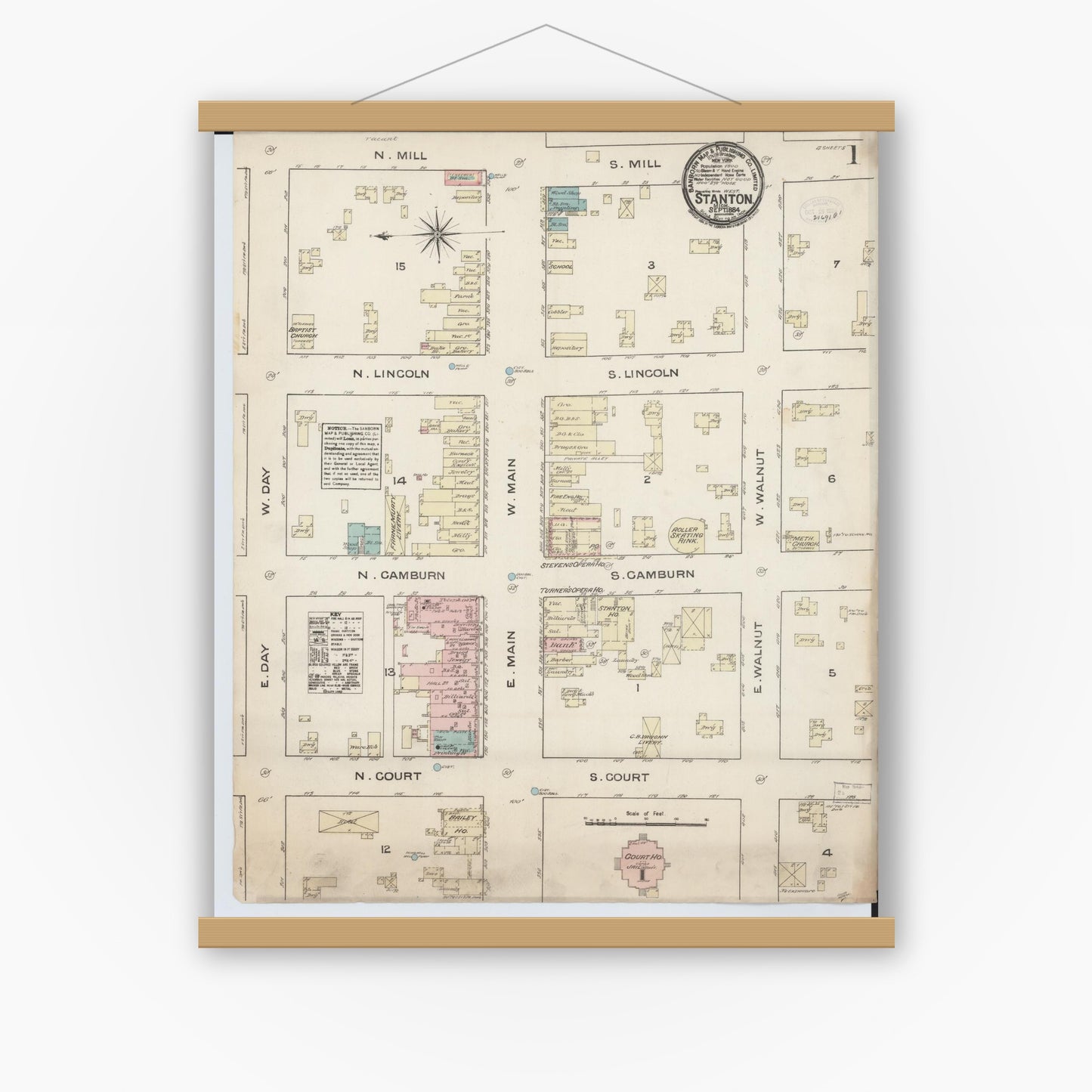 Old map wall art mockup — magnetic wood frame on white wall — Sanborn Fire Insurance Map from Stanton, Montcalm County, Michigan (1884), Sheet #0001