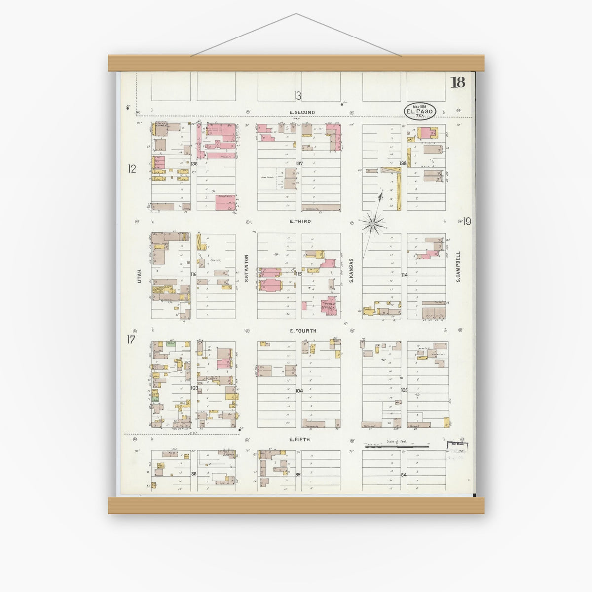 Old map wall art mockup — magnetic wood frame on white wall — Sanborn Fire Insurance Map from El Paso, El Paso County, Texas (1898), Sheet #0018