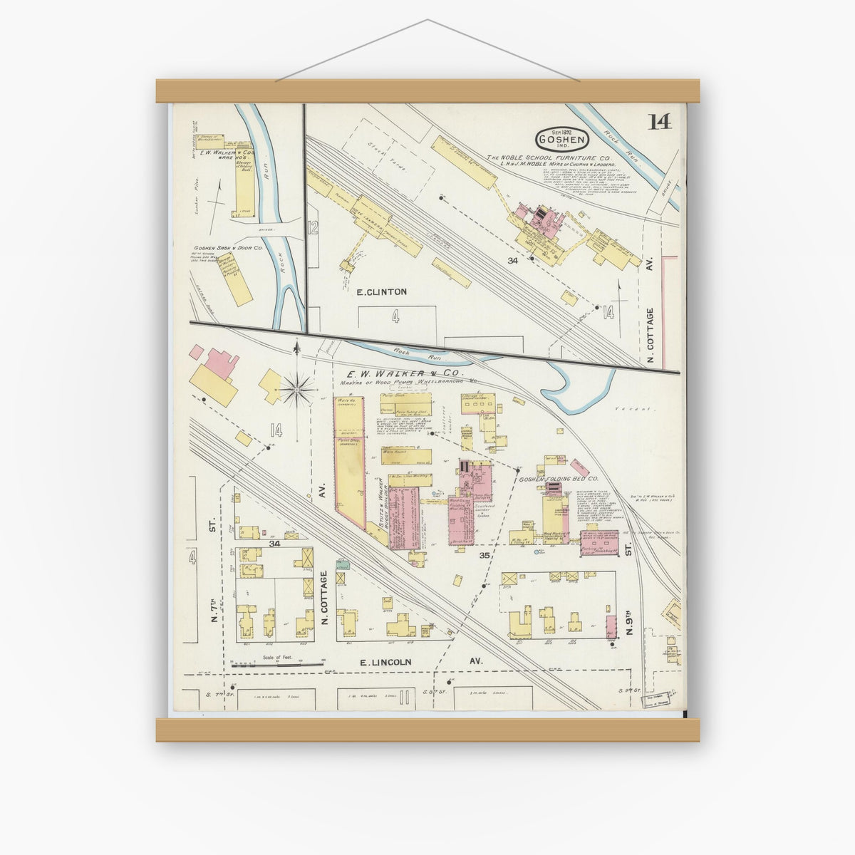 Old map wall art mockup — magnetic wood frame on white wall — Sanborn Fire Insurance Map from Goshen, Elkhart County, Indiana (1892), Sheet #0014