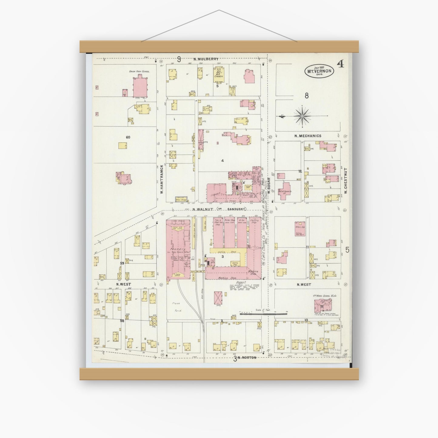 Old map wall art mockup — magnetic wood frame on white wall — Sanborn Fire Insurance Map from Mount Vernon, Knox County, Ohio (1897), Sheet #0004