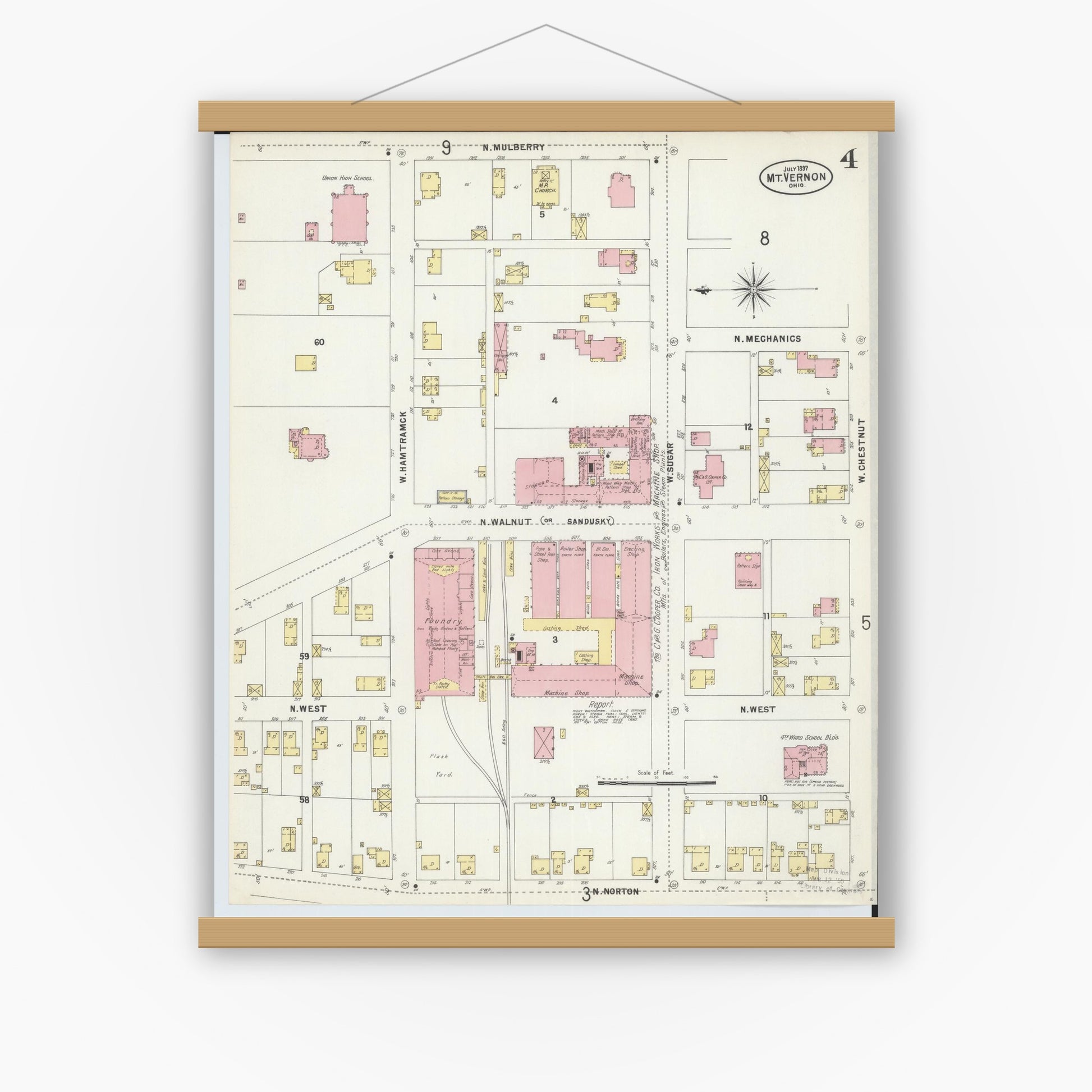 Old map wall art mockup — magnetic wood frame on white wall — Sanborn Fire Insurance Map from Mount Vernon, Knox County, Ohio (1897), Sheet #0004