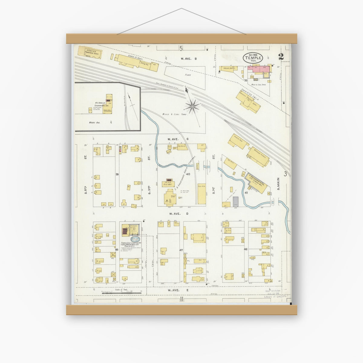 Old map wall art mockup — magnetic wood frame on white wall — Sanborn Fire Insurance Map from Temple, Bell County, Texas (1905), Sheet #0002