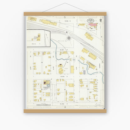 Old map wall art mockup — magnetic wood frame on white wall — Sanborn Fire Insurance Map from Temple, Bell County, Texas (1905), Sheet #0002
