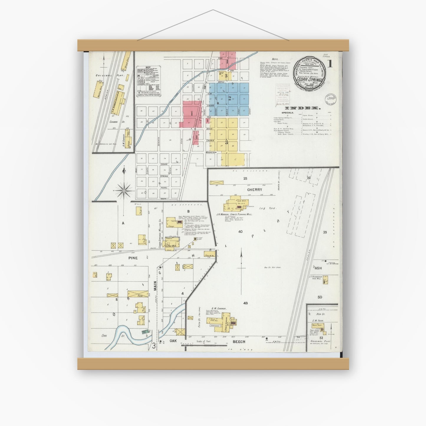 Old map wall art mockup — magnetic wood frame on white wall — Sanborn Fire Insurance Map from Cedar Springs, Kent County, Michigan (1899), Sheet #0001