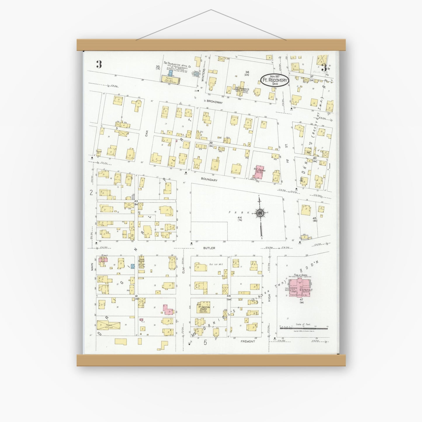 Old map wall art mockup — magnetic wood frame on white wall — Sanborn Fire Insurance Map from Fort Recovery, Mercer County, Ohio (1927), Sheet #0003