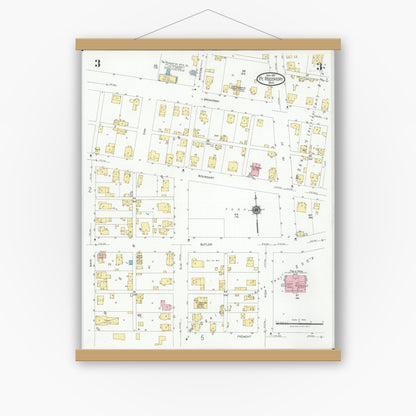 Old map wall art mockup — magnetic wood frame on white wall — Sanborn Fire Insurance Map from Fort Recovery, Mercer County, Ohio (1927), Sheet #0003