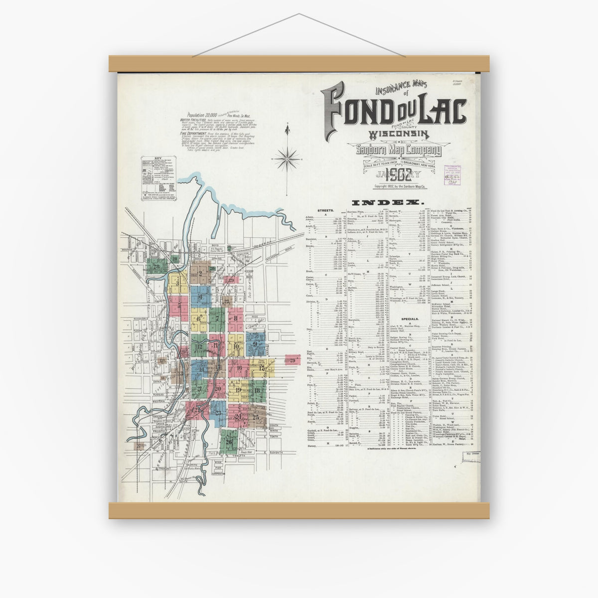 Old map wall art mockup — magnetic wood frame on white wall — Sanborn Fire Insurance Map from Fond du Lac, Fond du Lac County, Wisconsin (1902), Sheet #0001