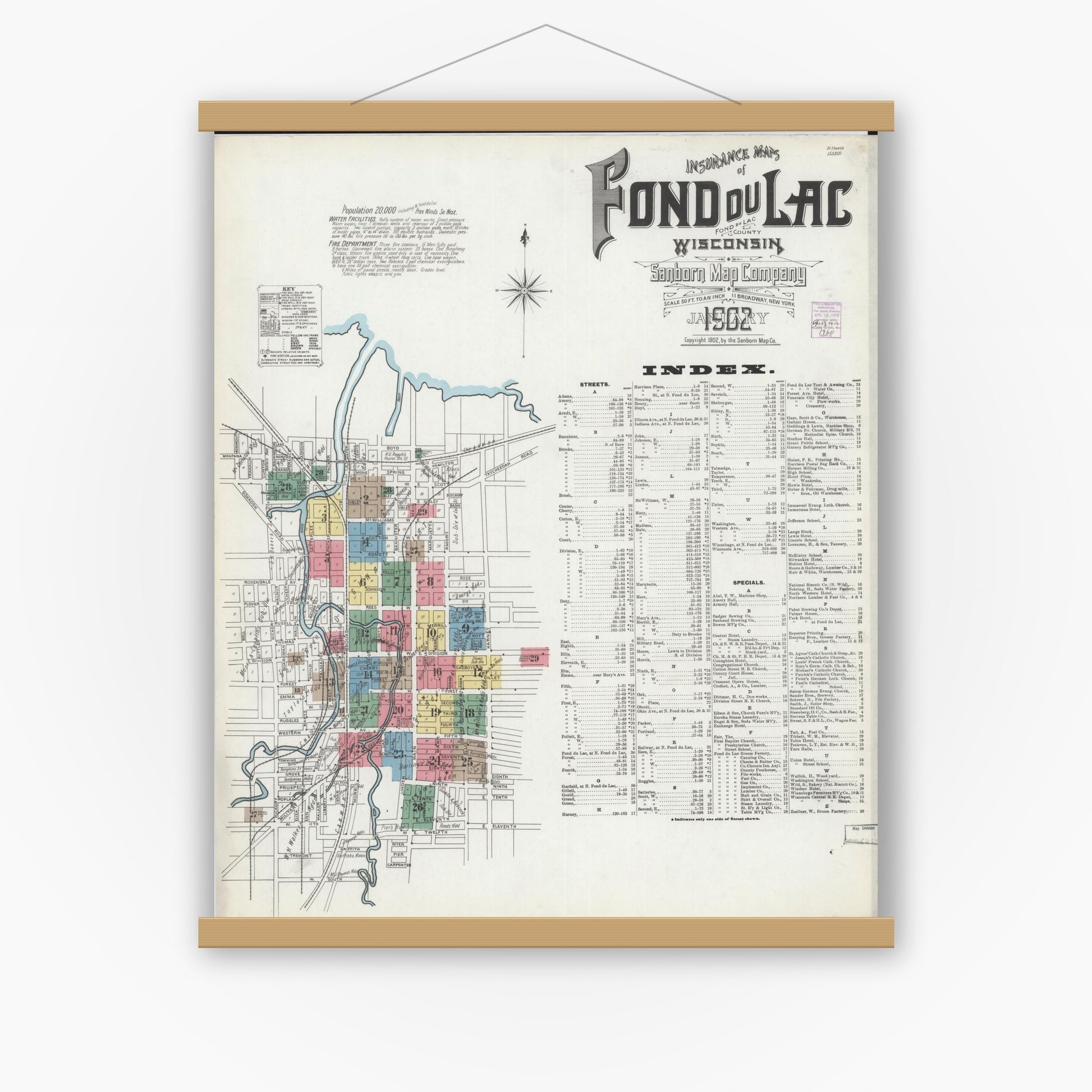 Old map wall art mockup — magnetic wood frame on white wall — Sanborn Fire Insurance Map from Fond du Lac, Fond du Lac County, Wisconsin (1902), Sheet #0001
