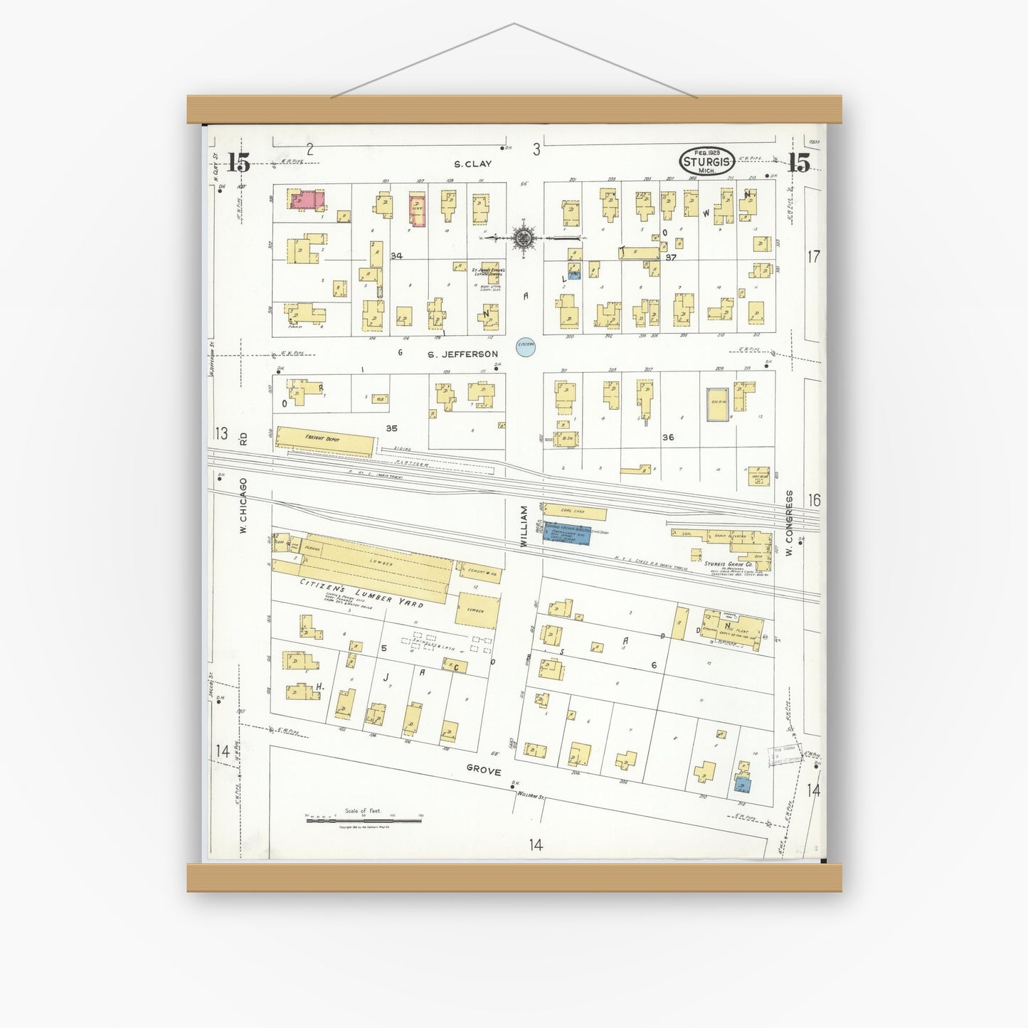 Old map wall art mockup — magnetic wood frame on white wall — Sanborn Fire Insurance Map from Sturgis, Saint Joseph County, Michigan (1923), Sheet #0015