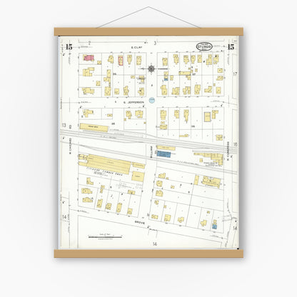 Old map wall art mockup — magnetic wood frame on white wall — Sanborn Fire Insurance Map from Sturgis, Saint Joseph County, Michigan (1923), Sheet #0015