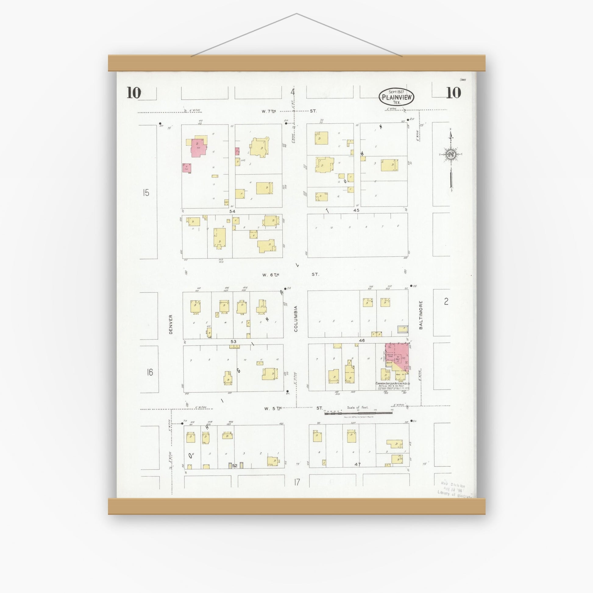 Old map wall art mockup — magnetic wood frame on white wall — Sanborn Fire Insurance Map from Plainview, Hale County, Texas (1927), Sheet #0010