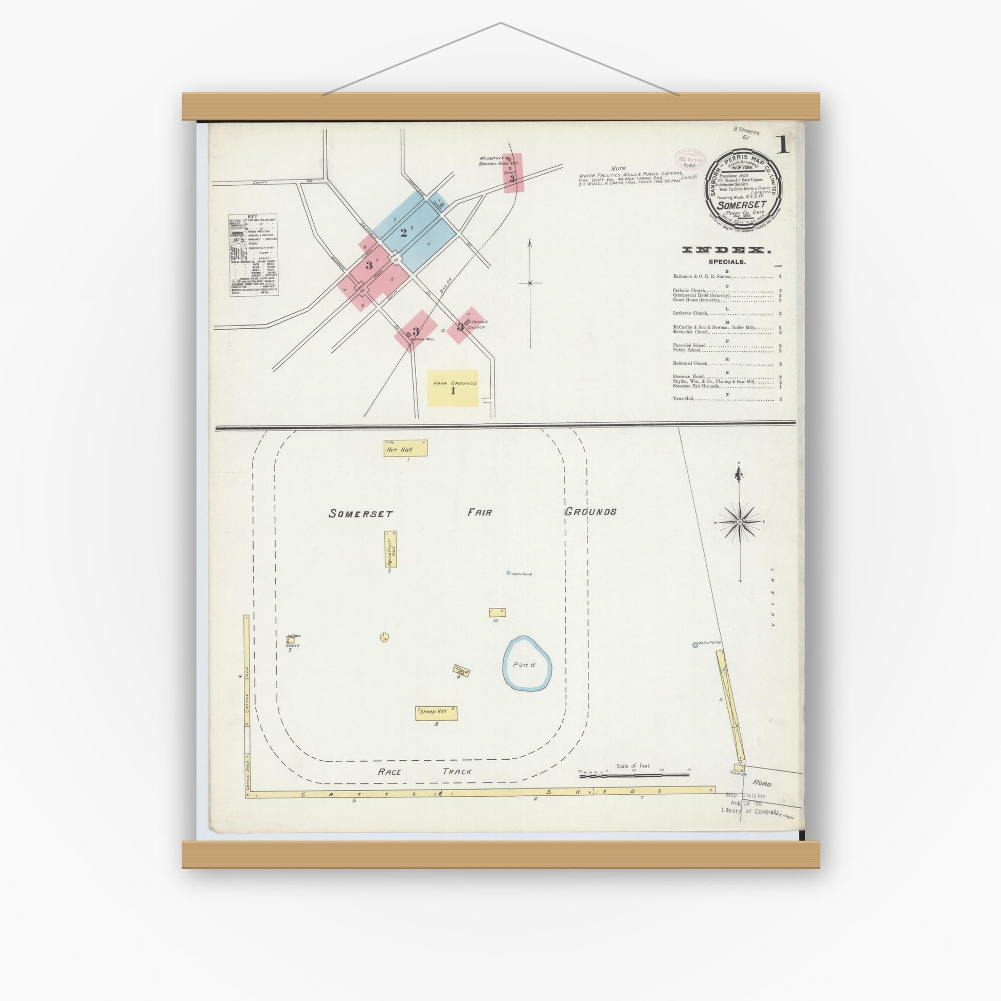 Old map wall art mockup — magnetic wood frame on white wall — Sanborn Fire Insurance Map from Somerset, Perry County, Ohio (1895) - Complete Map Set
