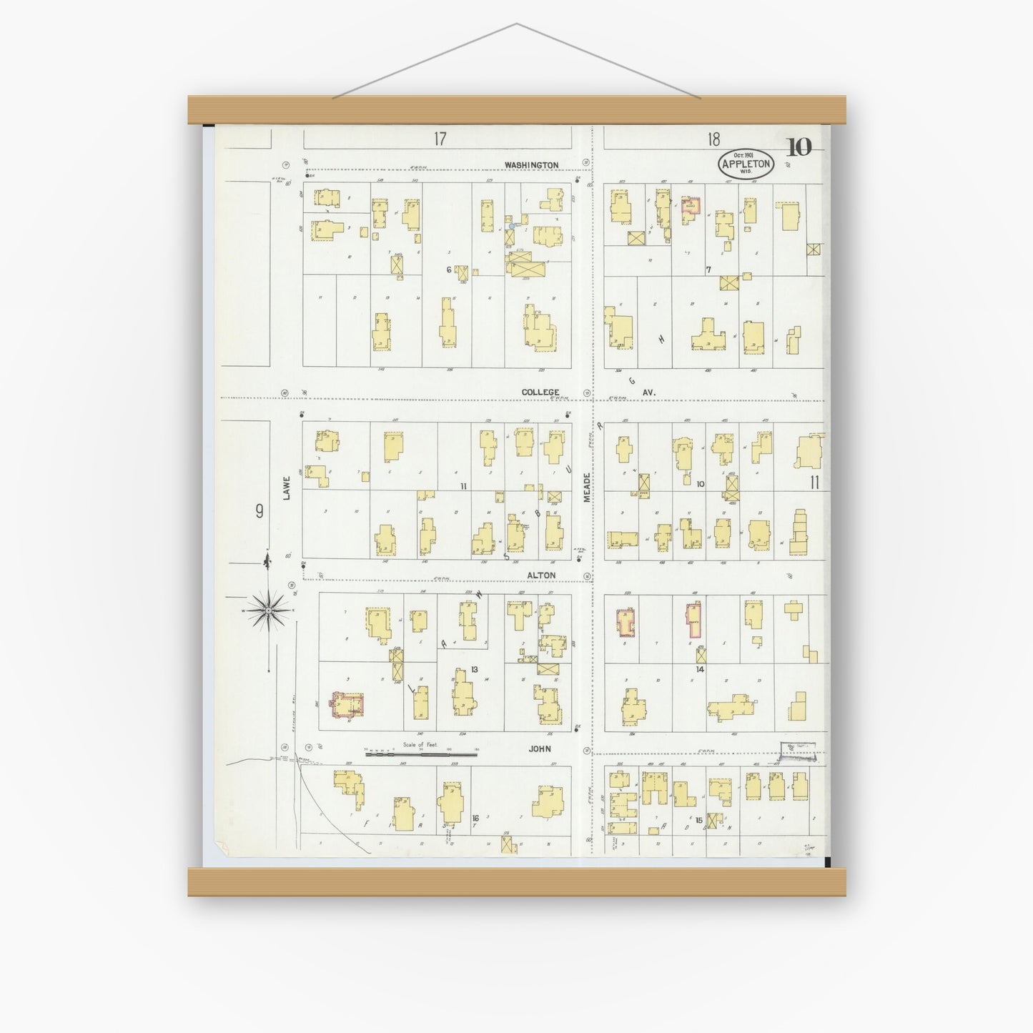 Old map wall art mockup — magnetic wood frame on white wall — Sanborn Fire Insurance Map from Appleton, Outagamie County, Wisconsin (1901), Sheet #0010
