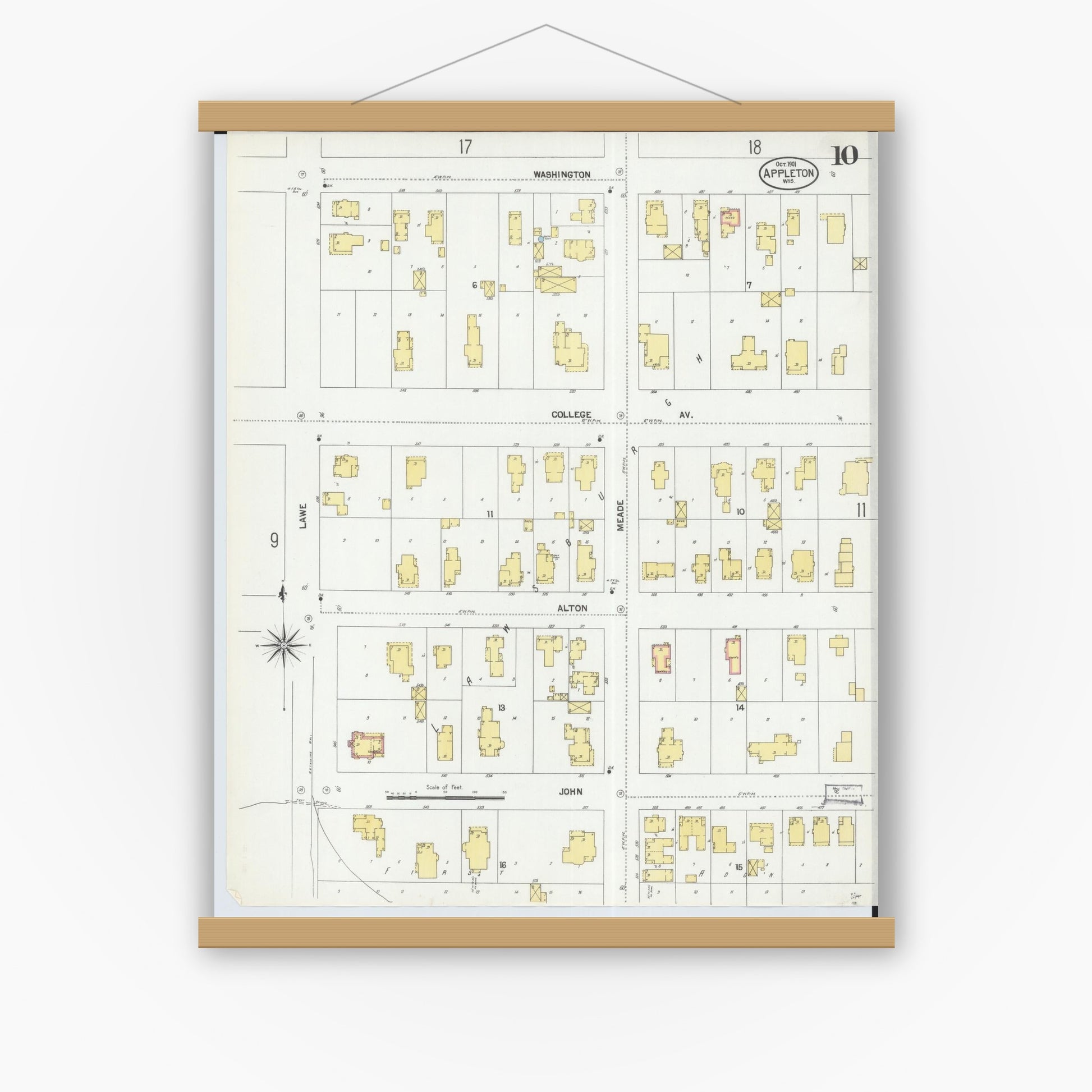 Old map wall art mockup — magnetic wood frame on white wall — Sanborn Fire Insurance Map from Appleton, Outagamie County, Wisconsin (1901), Sheet #0010