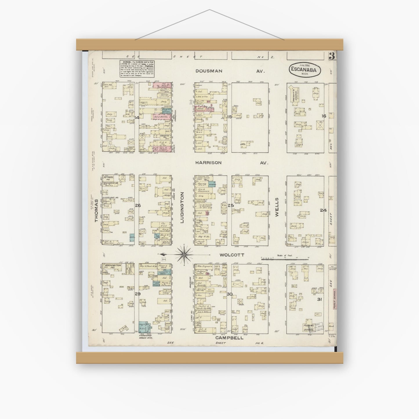 Old map wall art mockup — magnetic wood frame on white wall — Sanborn Fire Insurance Map from Escanaba, Delta County, Michigan (1884), Sheet #0003